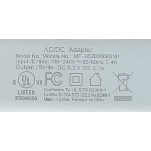 ADAPTADOR AC WASSERSTEIN / NUMERO DE PARTE MF-05202000SM1 / ENTRADA 100-240V AC / SALIDA: 5.2VDC- 2.0A 	